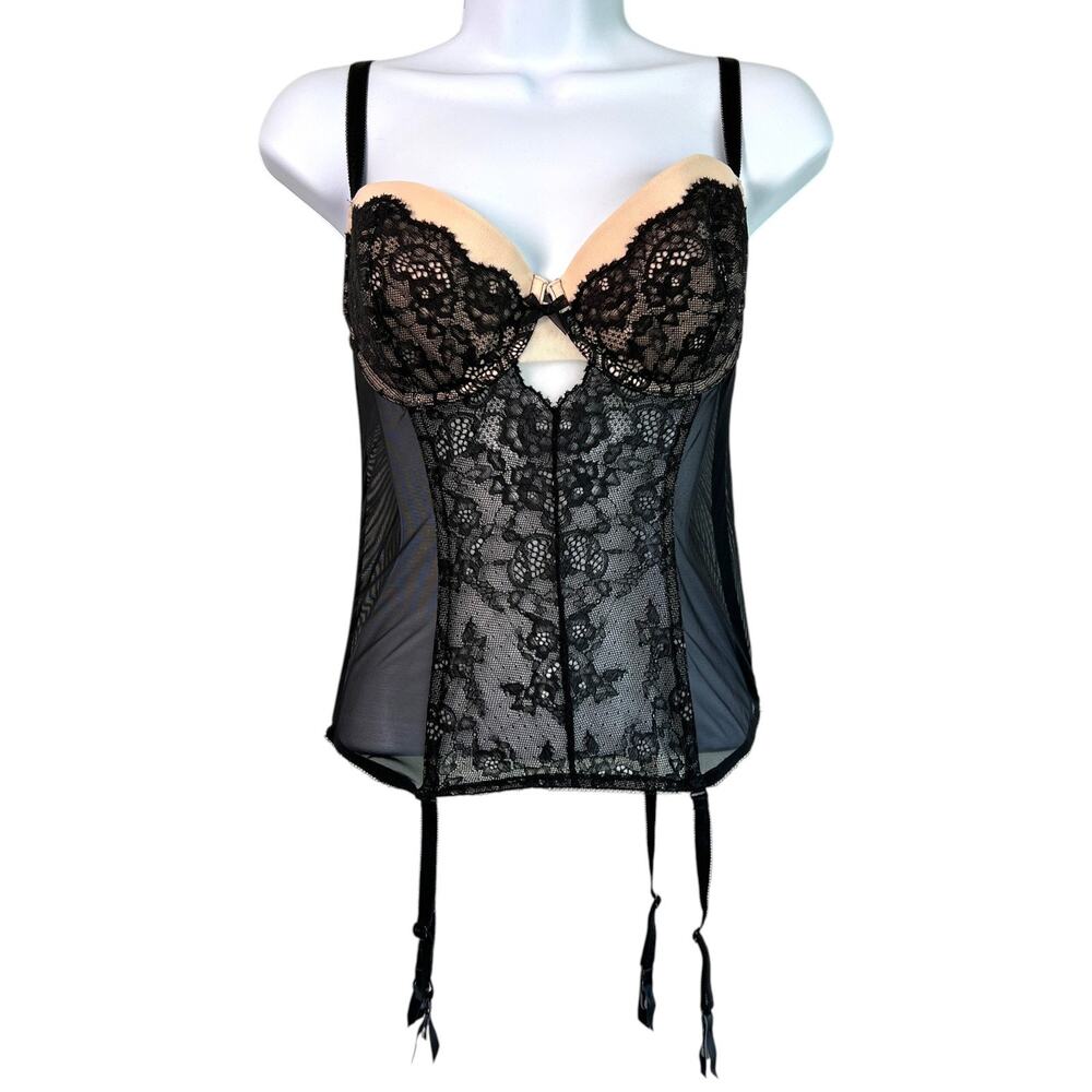 Victorias Secret Lace Bustier Corset 36C Black Nude Mesh Lingerie Y2K Coquette‎